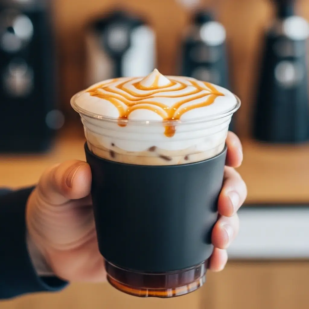 Hand holding 7 Brew-style cold brew coffee with creamy foam and caramel drizzle in cozy café setting