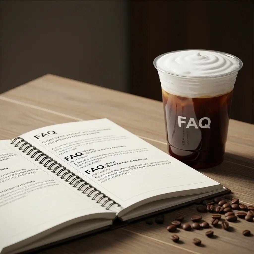 7 Brew-style cold brew coffee with handwritten FAQ notes on wooden table