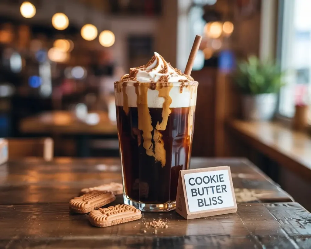 Glass of cookie butter cold brew topped with crushed speculoos and drizzle