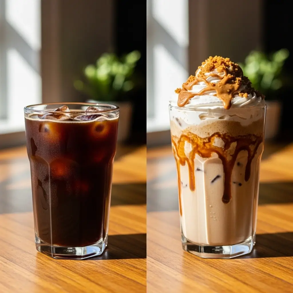 Plain cold brew next to a cookie butter cold brew with cream and drizzle