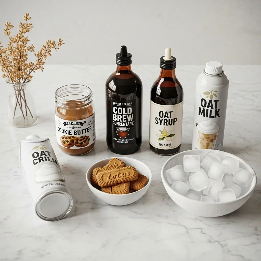 Iced coffee ingredients like cookie butter, oat milk, vanilla syrup, and whipped cream