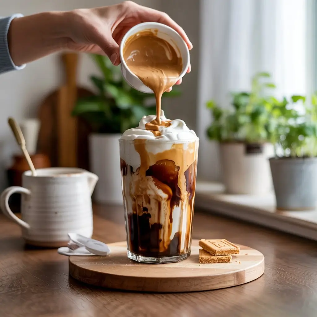 Step-by-step making of cookie butter cold brew with whipped cream and crushed cookies