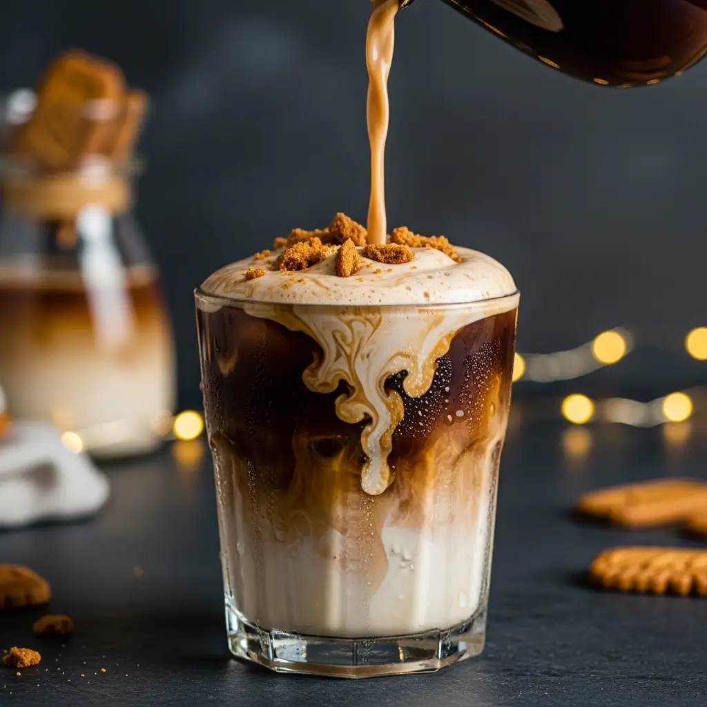 Silky-smooth cookie butter cold brew with foamy top and crushed cookie garnish