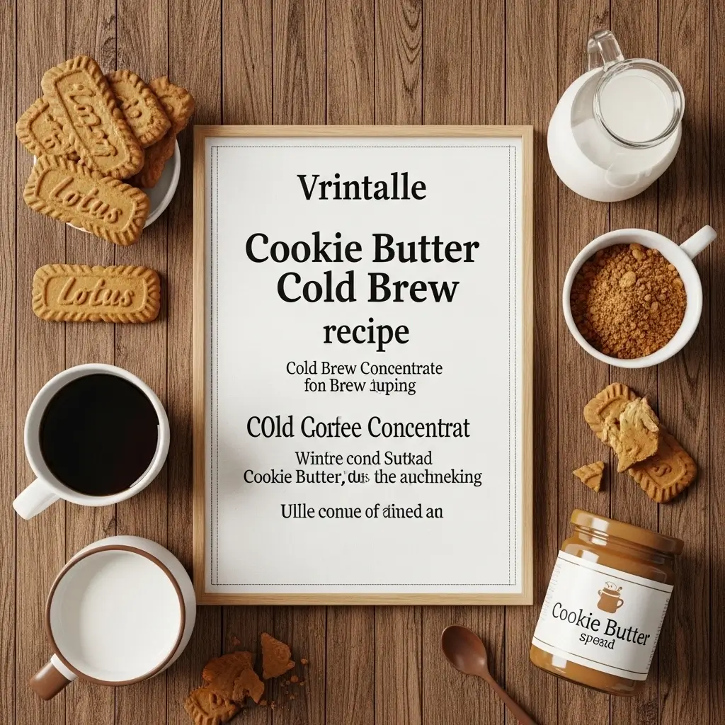 Printable recipe card for homemade cookie butter cold brew with ingredients around
