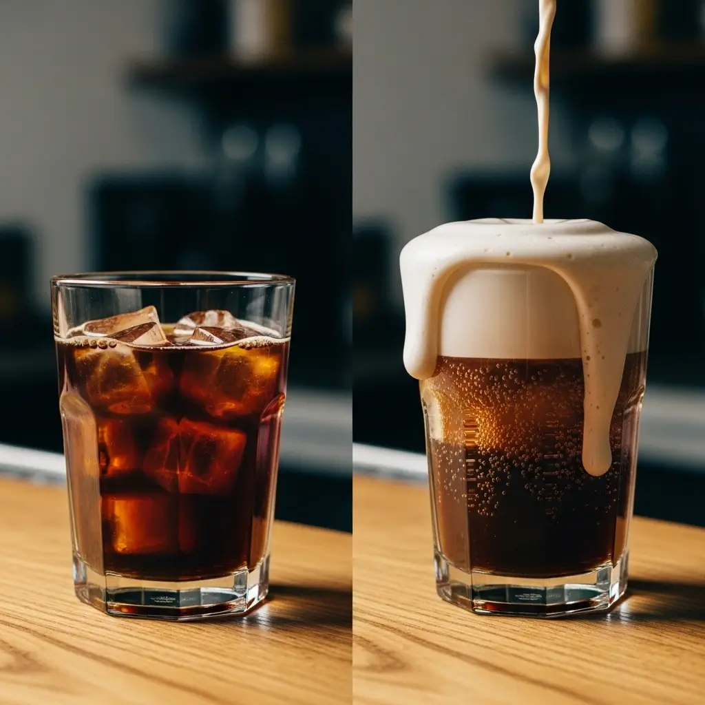 Nitro cold brew vs cold brew coffee in clear side-by-side glasses