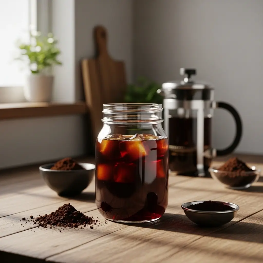 Classic cold brew coffee in a mason jar with coffee grounds and French press