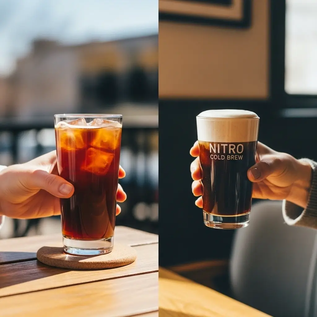 Cold brew vs nitro cold brew side-by-side in clear glasses