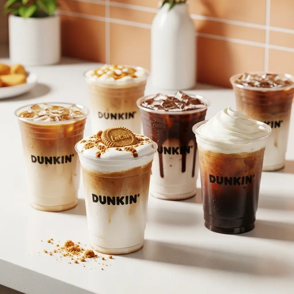 Lineup of Dunkin iced coffee drinks including cookie butter cold brew
