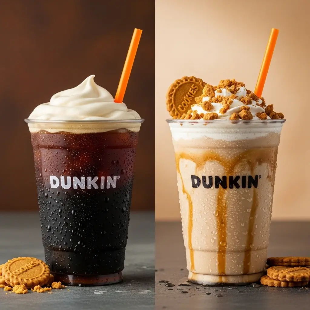 Comparison of a classic Dunkin cold brew and any Dunkin-style cookie butter cold brew side by side