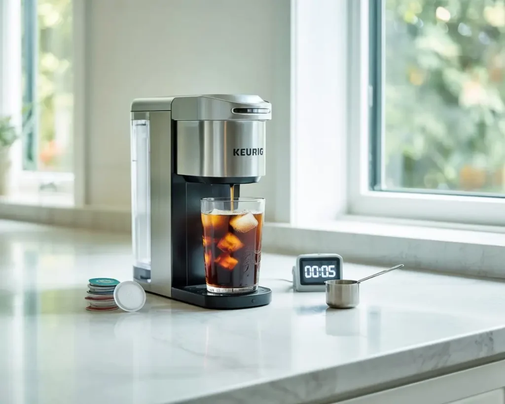 Keurig cold brew machine brewing iced coffee in a modern kitchen