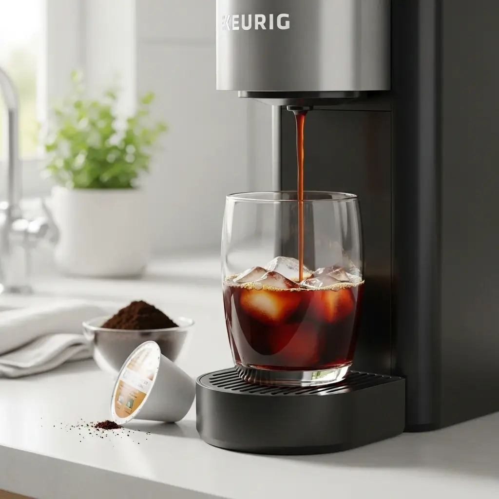 Keurig cold brew machine pouring coffee over ice with coffee pod and grounds nearby