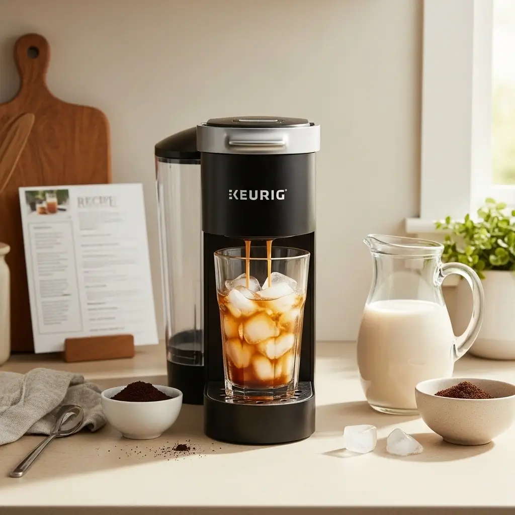 Keurig machine brewing cold brew style coffee into glass with ice at home