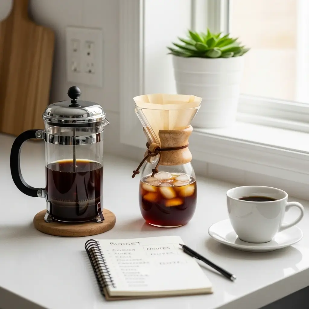 Affordable coffee brewing tools and cold brew coffee on a kitchen counter