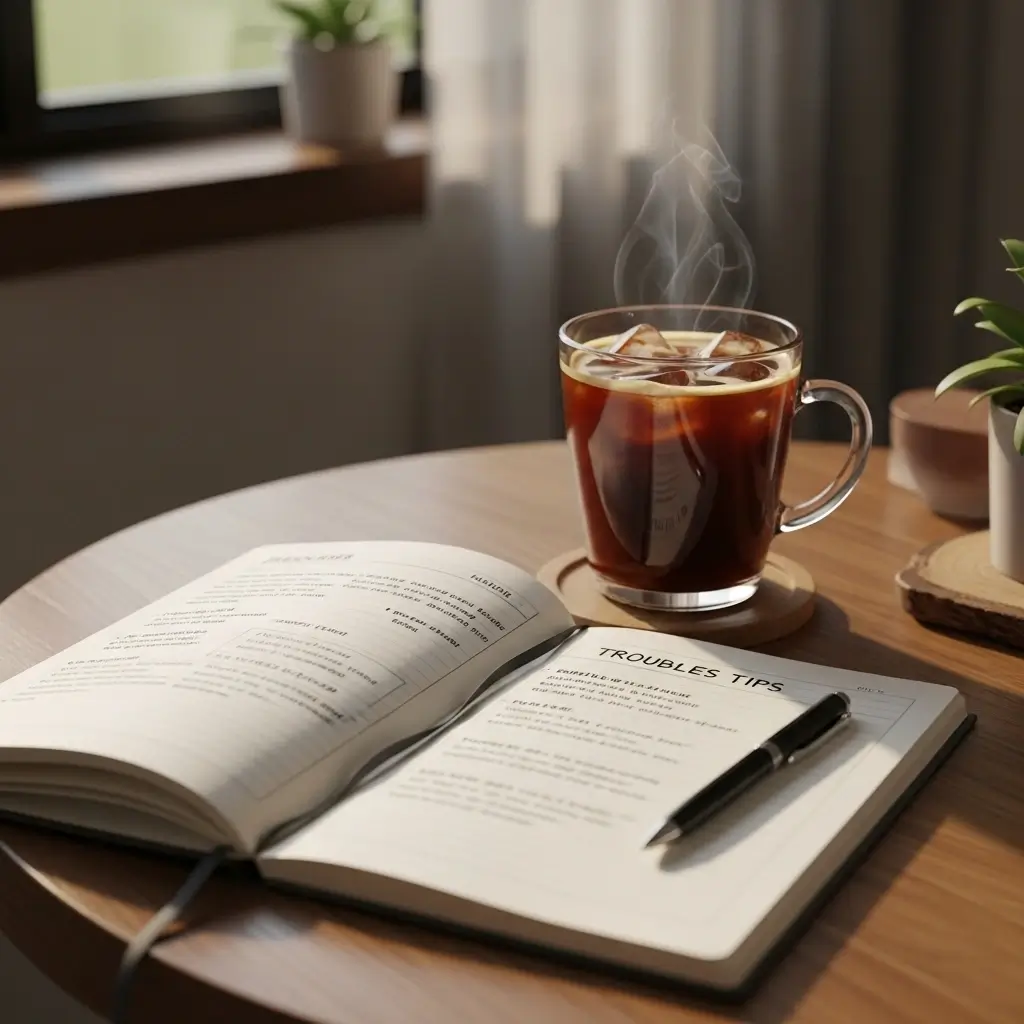 Iced coffee with troubleshooting notes in a cozy coffee nook