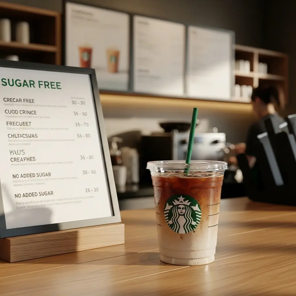 Starbucks menu board showing sugar-free drink options with an iced coffee cup on a wooden counter inside a coffee shop.
