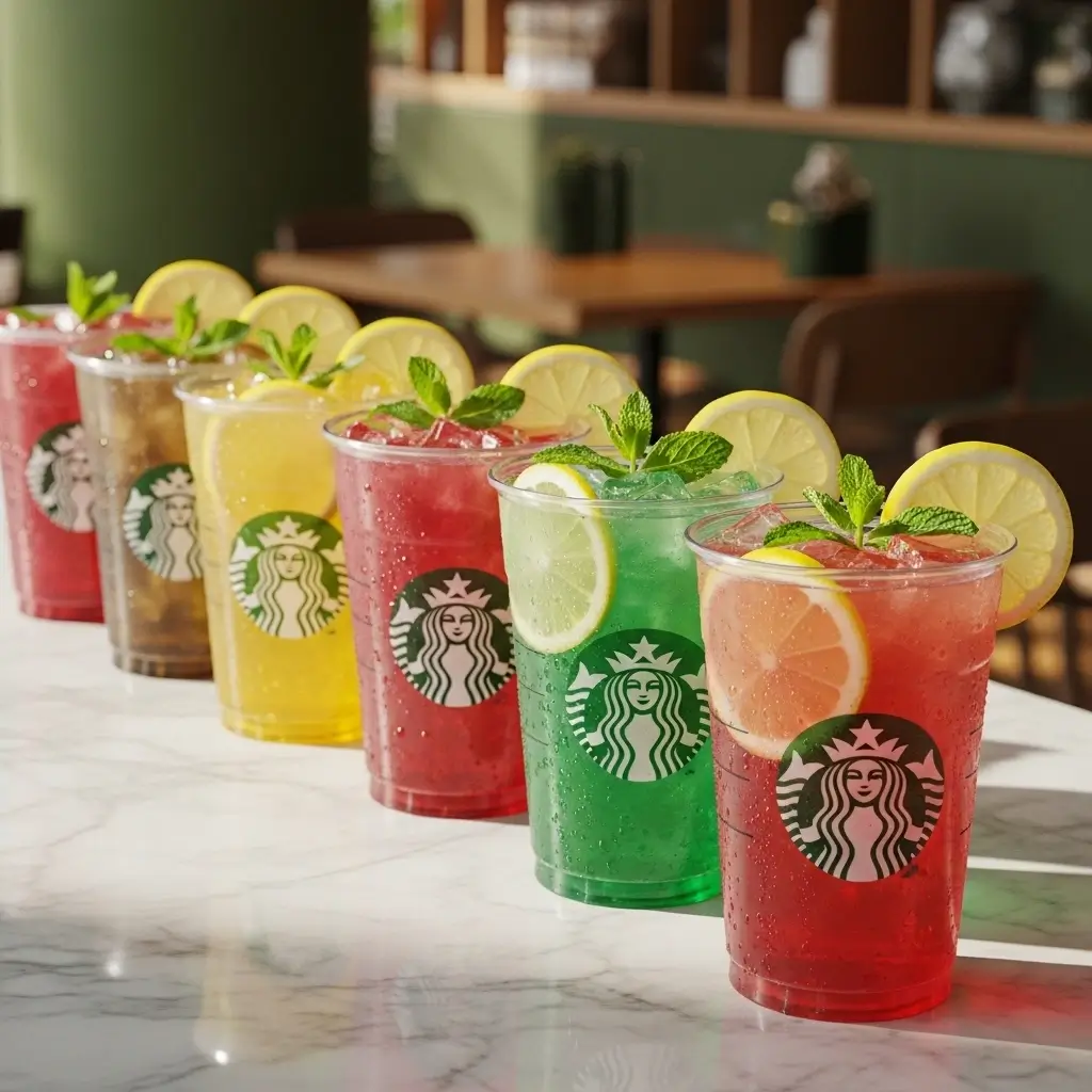 Assorted sugar-free Starbucks iced drinks in clear cups with fresh garnishes on a marble countertop inside a Starbucks cafe.