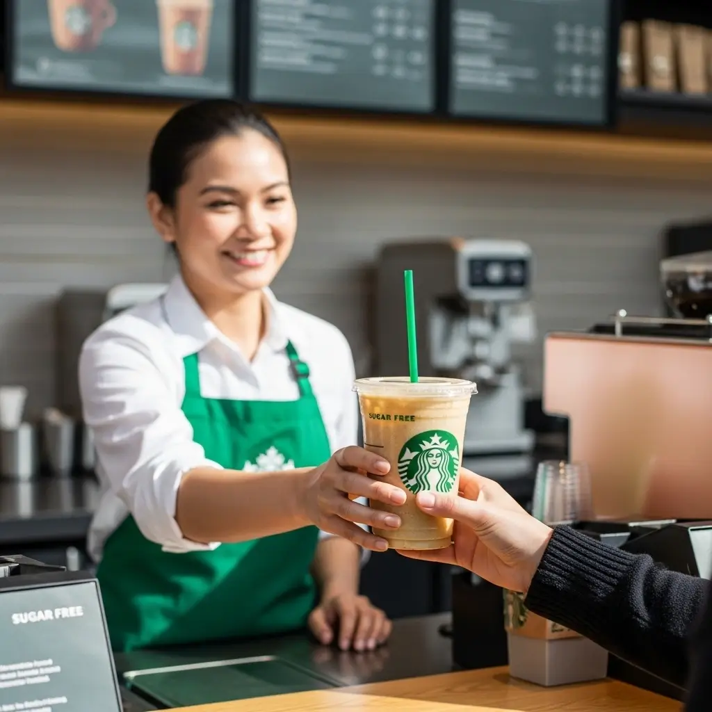 Starbucks barista handing a sugar-free iced drink to a customer at a modern Starbucks counter.