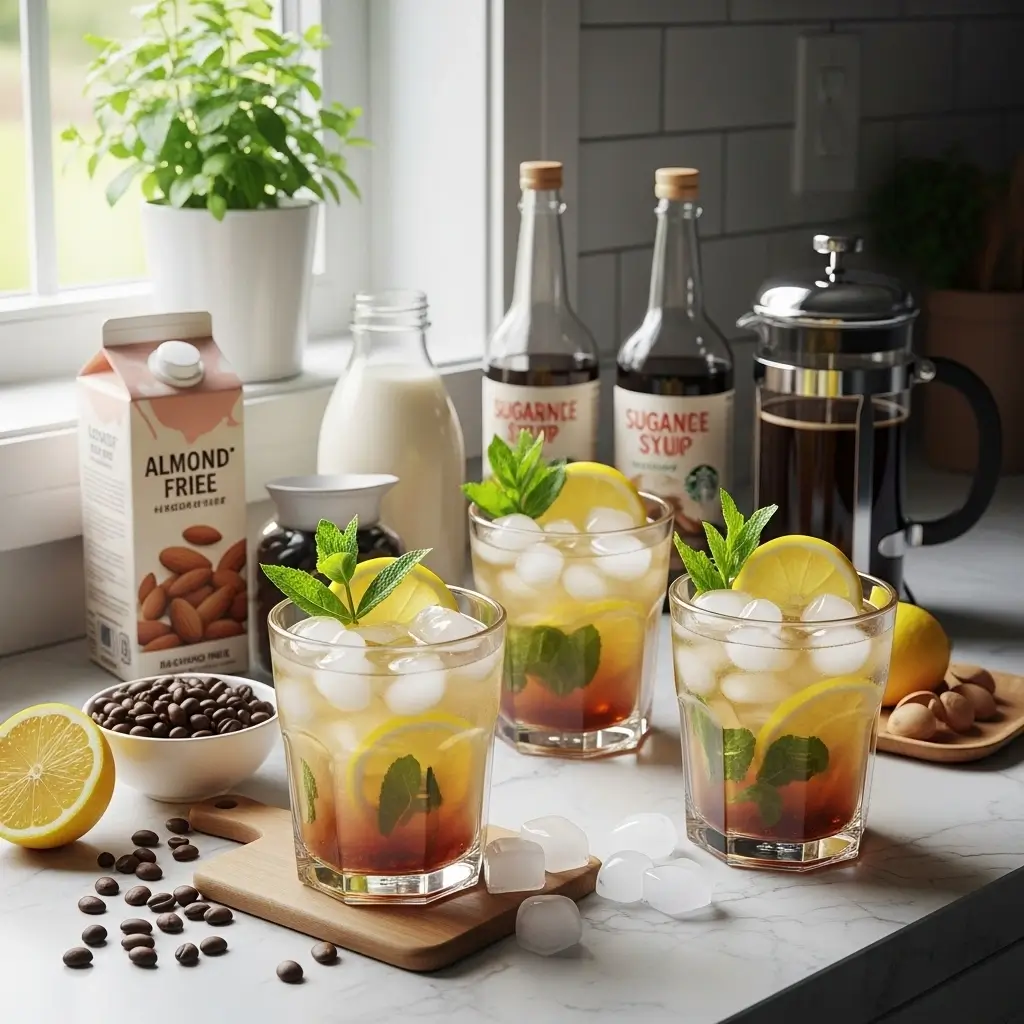 Homemade sugar-free Starbucks-inspired iced drinks in clear glasses with fresh garnishes and ingredients on a kitchen countertop.