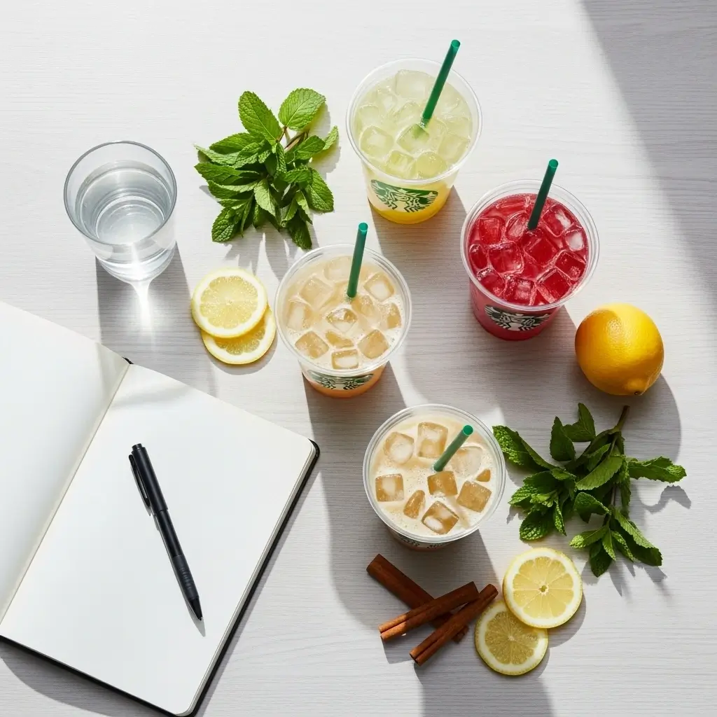 Sugar-free Starbucks drinks with fresh garnishes and health-related items like a notebook and glass of water on a wooden table.