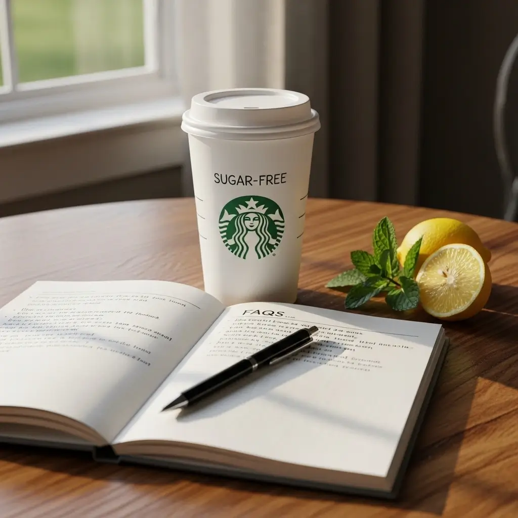 Starbucks sugar-free iced drink next to an open notebook with handwritten FAQs on a wooden table with fresh mint and lemon.
