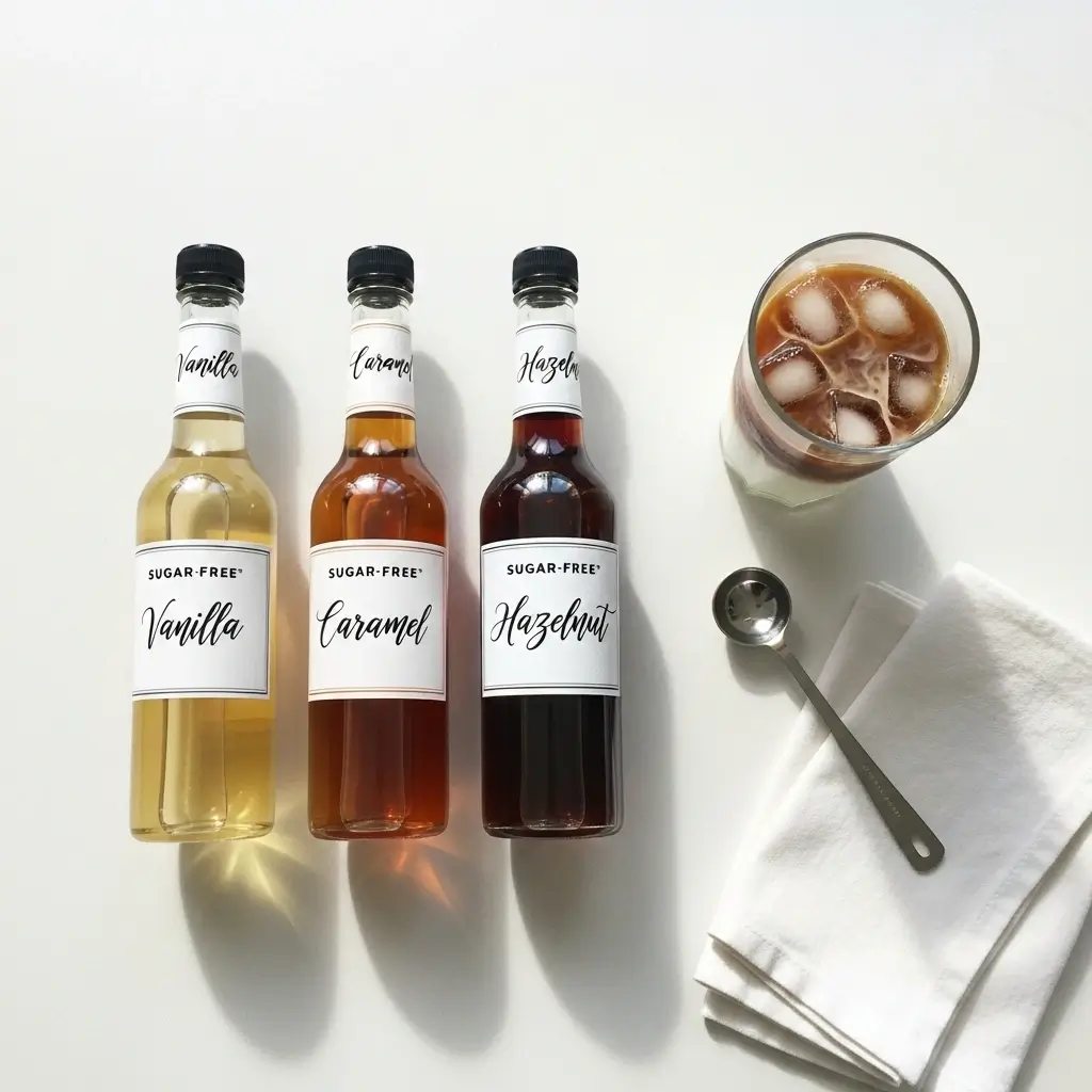 Starbucks sugar-free syrup bottles with name tags beside an iced coffee glass on a bright kitchen countertop.