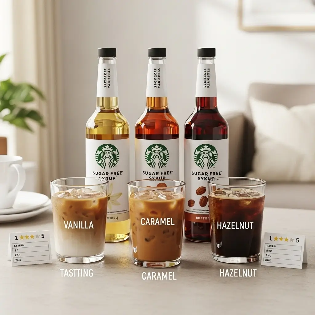 Starbucks sugar-free syrups in a taste test setup with labeled iced coffee glasses and rating cards on a neutral table.