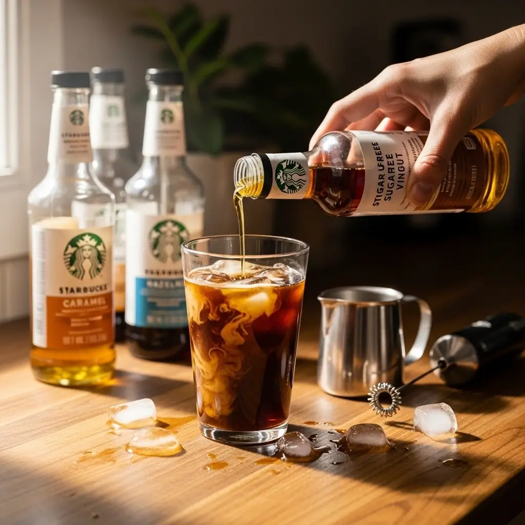 A hand pours Starbucks sugar-free syrup into an iced coffee with other syrup bottles and tools nearby on a kitchen counter.