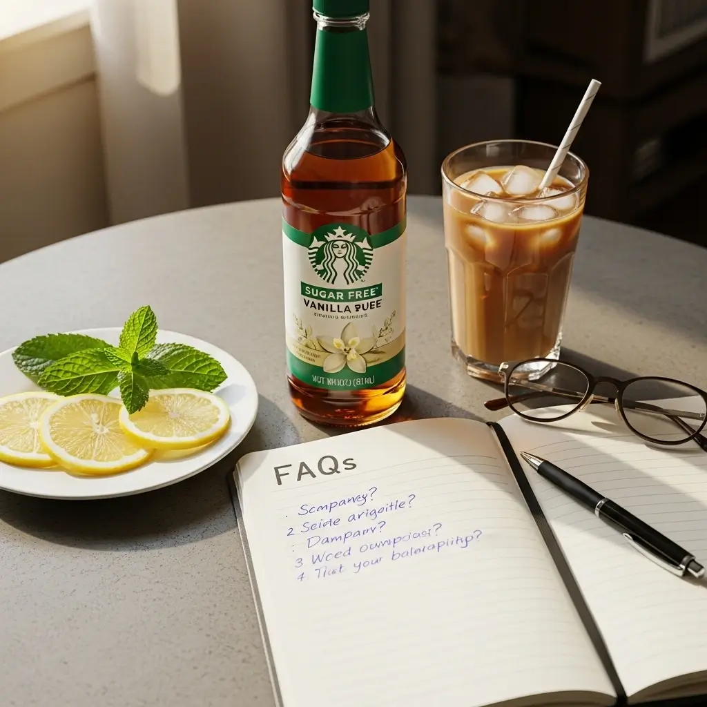 Starbucks sugar-free syrup bottle beside an FAQ notebook, iced coffee, and fresh garnishes on a warmly lit table.
