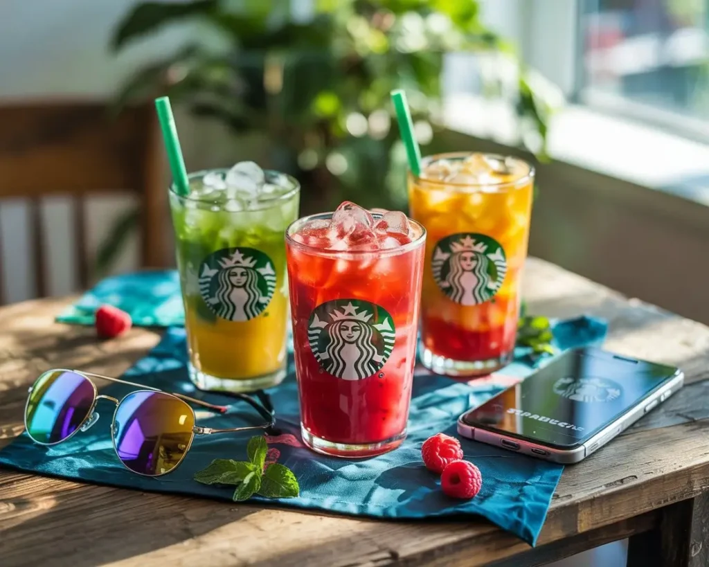 Colorful Starbucks iced energy drinks with fruit and ice on a sunlit table next to summer essentials like sunglasses and a phone.