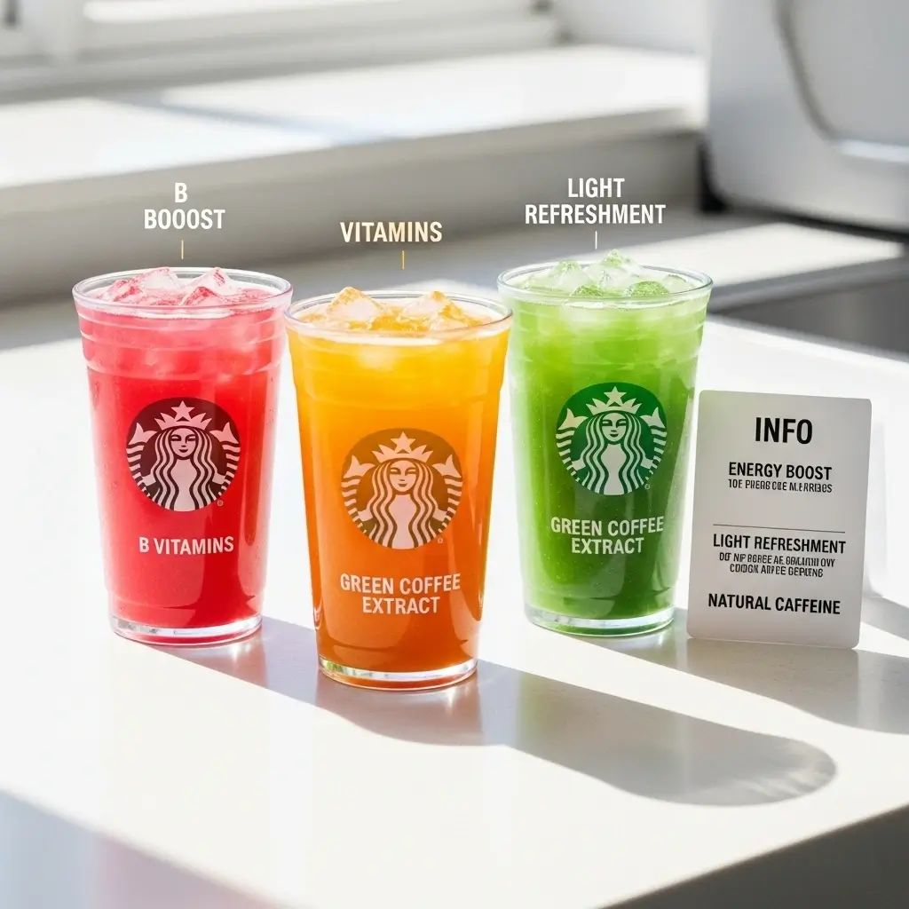 Three colorful Starbucks iced energy drinks labeled with key ingredients and benefits on a modern counter.