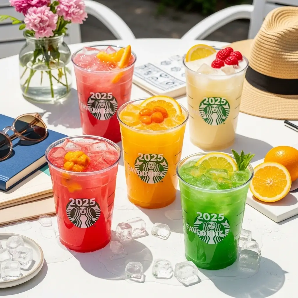 Top Starbucks iced energy drinks with fruit and ice on a white table surrounded by summer items like sunglasses and a hat.