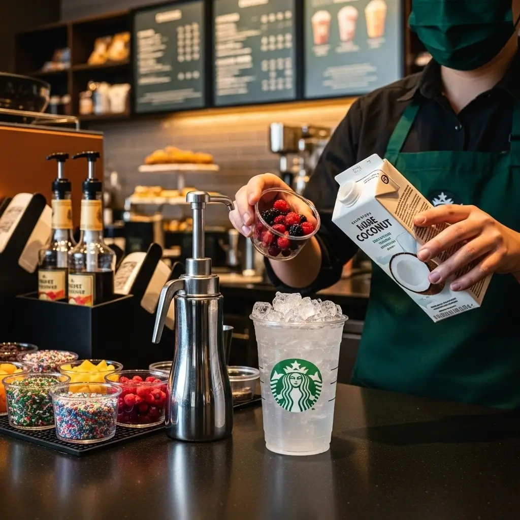 Starbucks barista customizing an iced energy drink with fruit, milk, and syrup behind the counter.