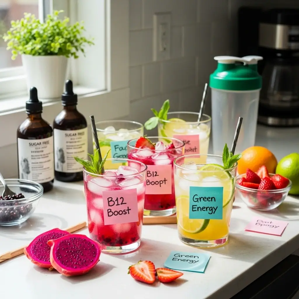 Homemade Starbucks-style iced energy drinks with colorful fruit and labels on a kitchen counter with ingredients nearby.