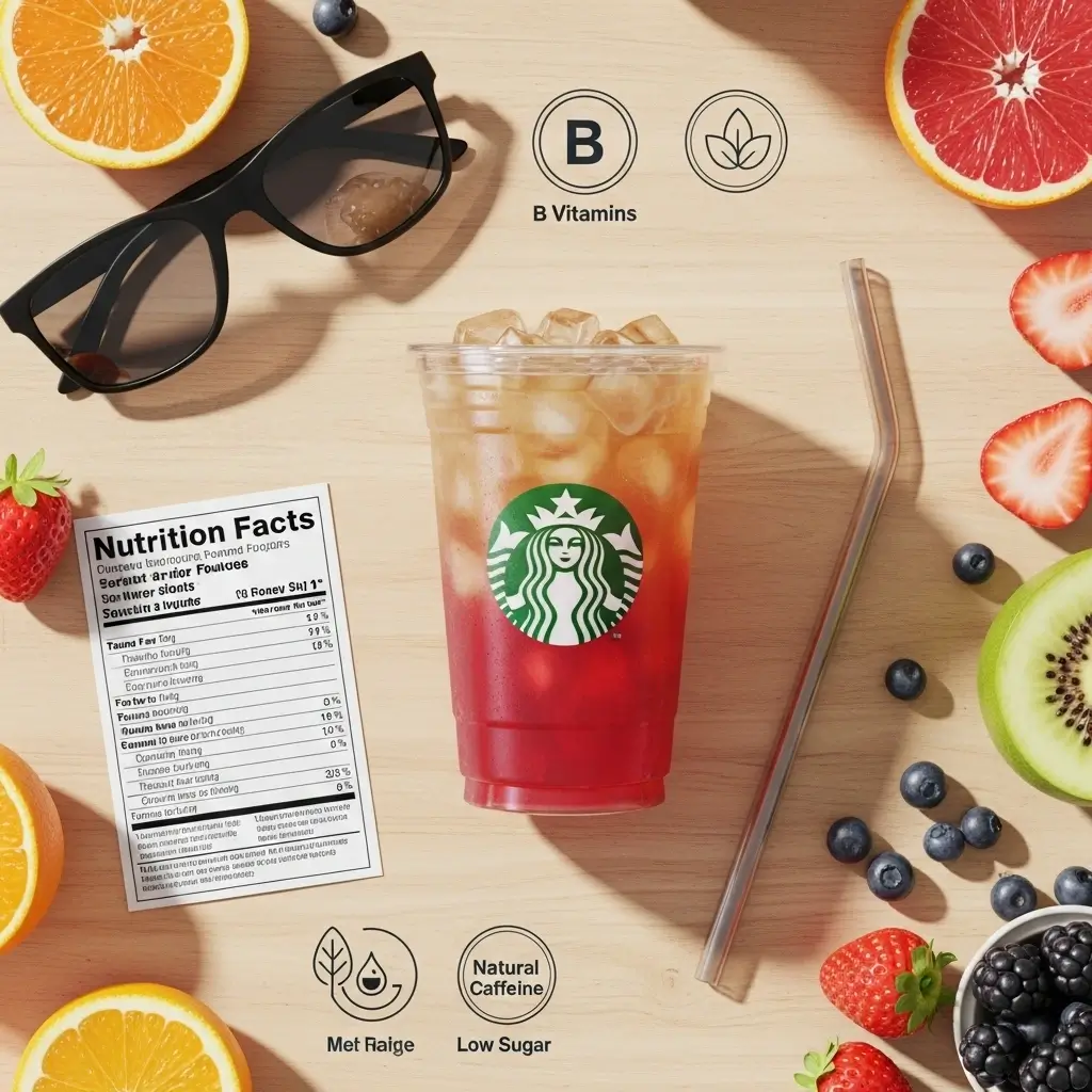 Starbucks iced energy drink with fruit, nutrition info, and wellness icons on a wooden surface in bright natural light.