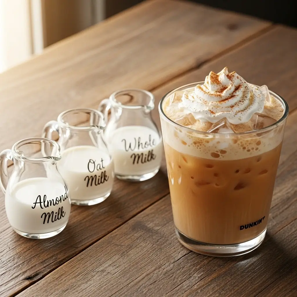 Dunkin pumpkin spice latte with whipped cream next to pitchers of almond, oat, and whole milk on a wooden table.