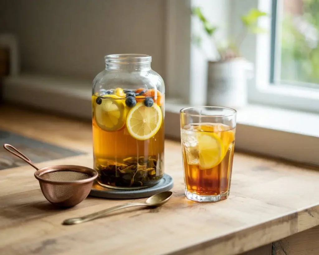 Cold brew tea steeping in a glass jar with fresh fruit and a glass of iced tea beside it on a wooden kitchen counter.