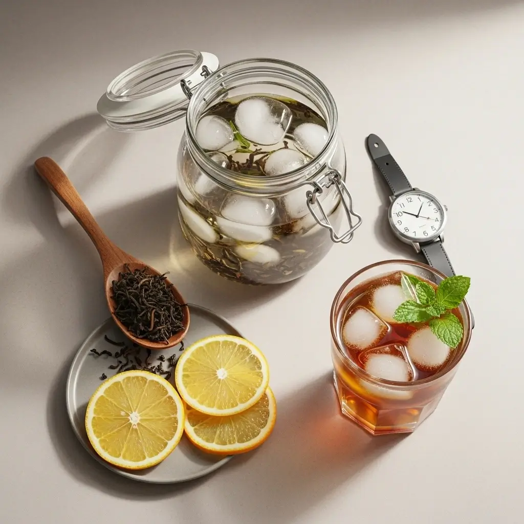 Cold brew tea jar with tea leaves, citrus slices, and iced tea glass arranged on a clean surface with soft lighting.