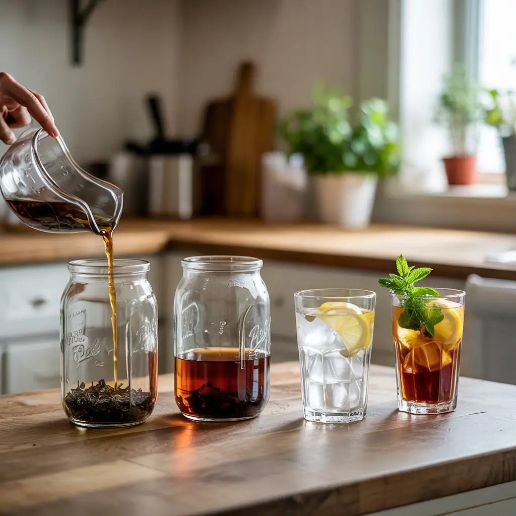 Step-by-step cold brew tea process from adding tea leaves to pouring finished iced tea on a wooden kitchen counter.