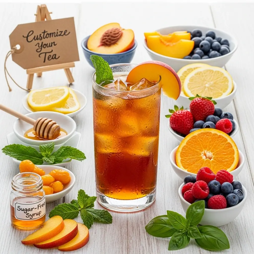Cold brew tea glass surrounded by fruit, herbs, and flavor add-ins on a bright table with a “Customize Your Tea” tag.