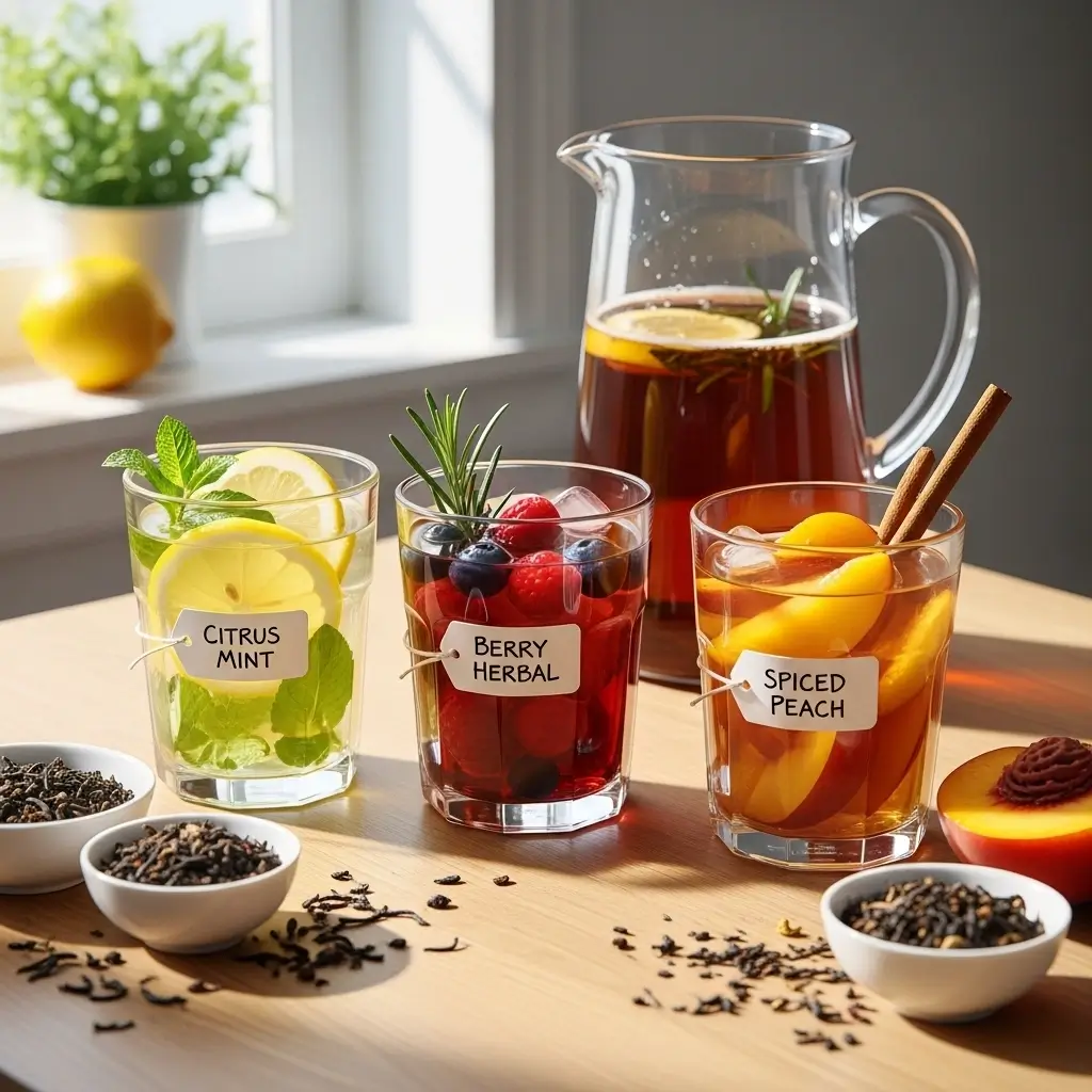 Three cold brew tea recipe variations with fresh fruit and herbs on a kitchen counter beside a steeping pitcher.