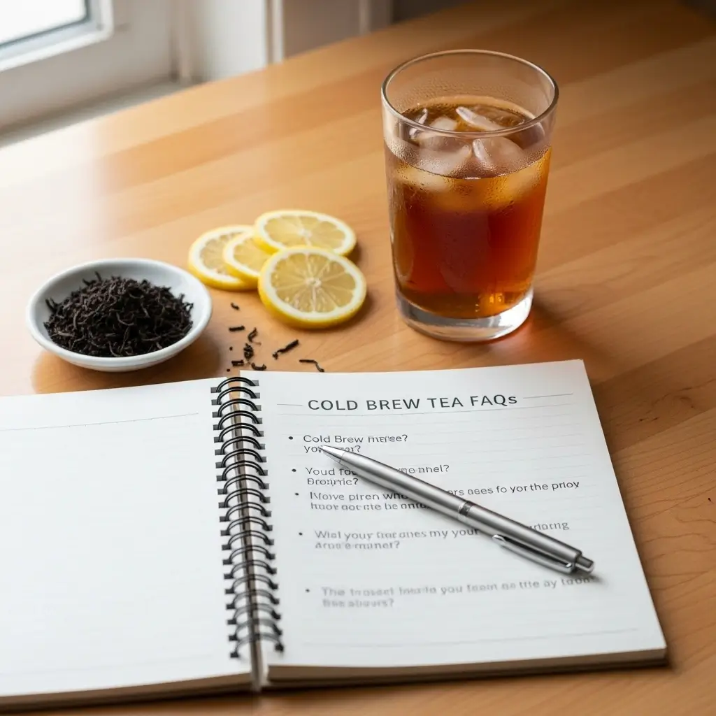 Cold brew tea glass beside an FAQ notebook, sticky notes with questions, and loose tea on a wooden table.