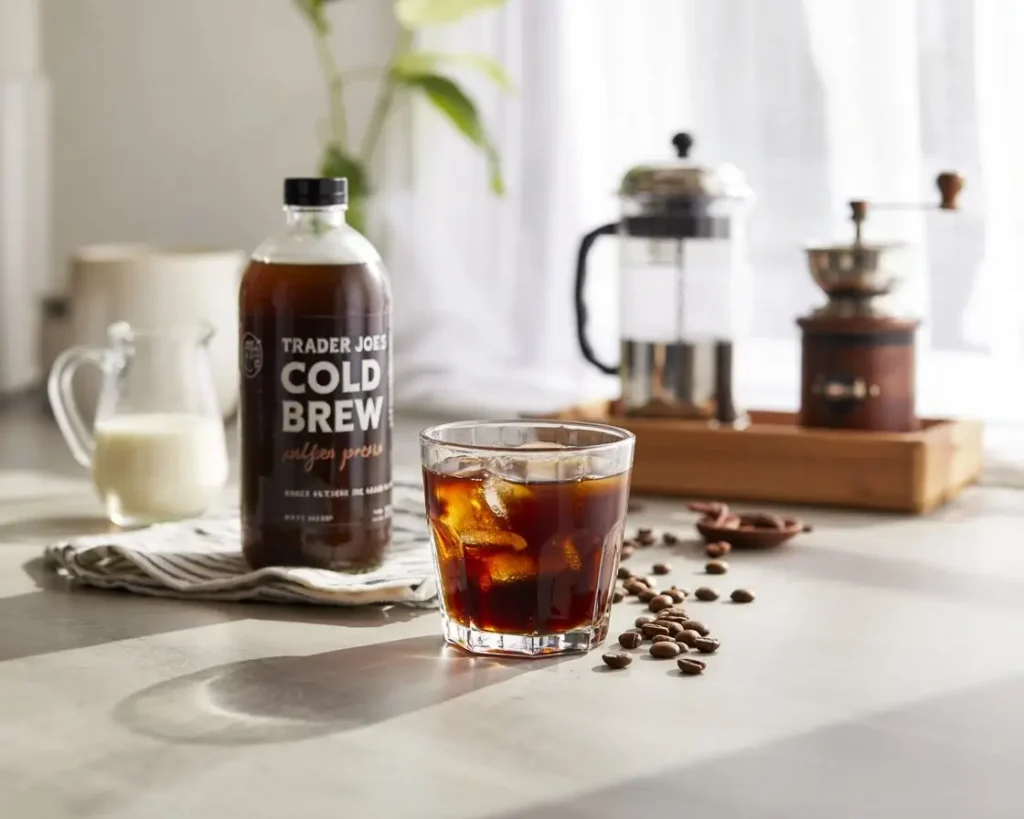 Trader Joe’s cold brew coffee bottle with an iced cold brew glass, coffee beans, and brewing tools on a sunlit kitchen counter.