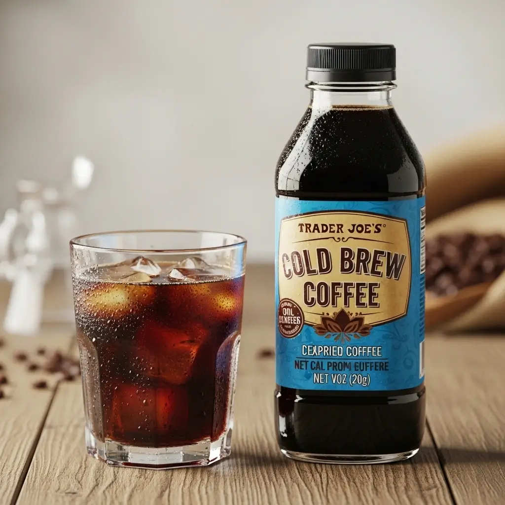 Trader Joe’s cold brew coffee bottle and iced glass on a wooden table with coffee beans and burlap in the background.