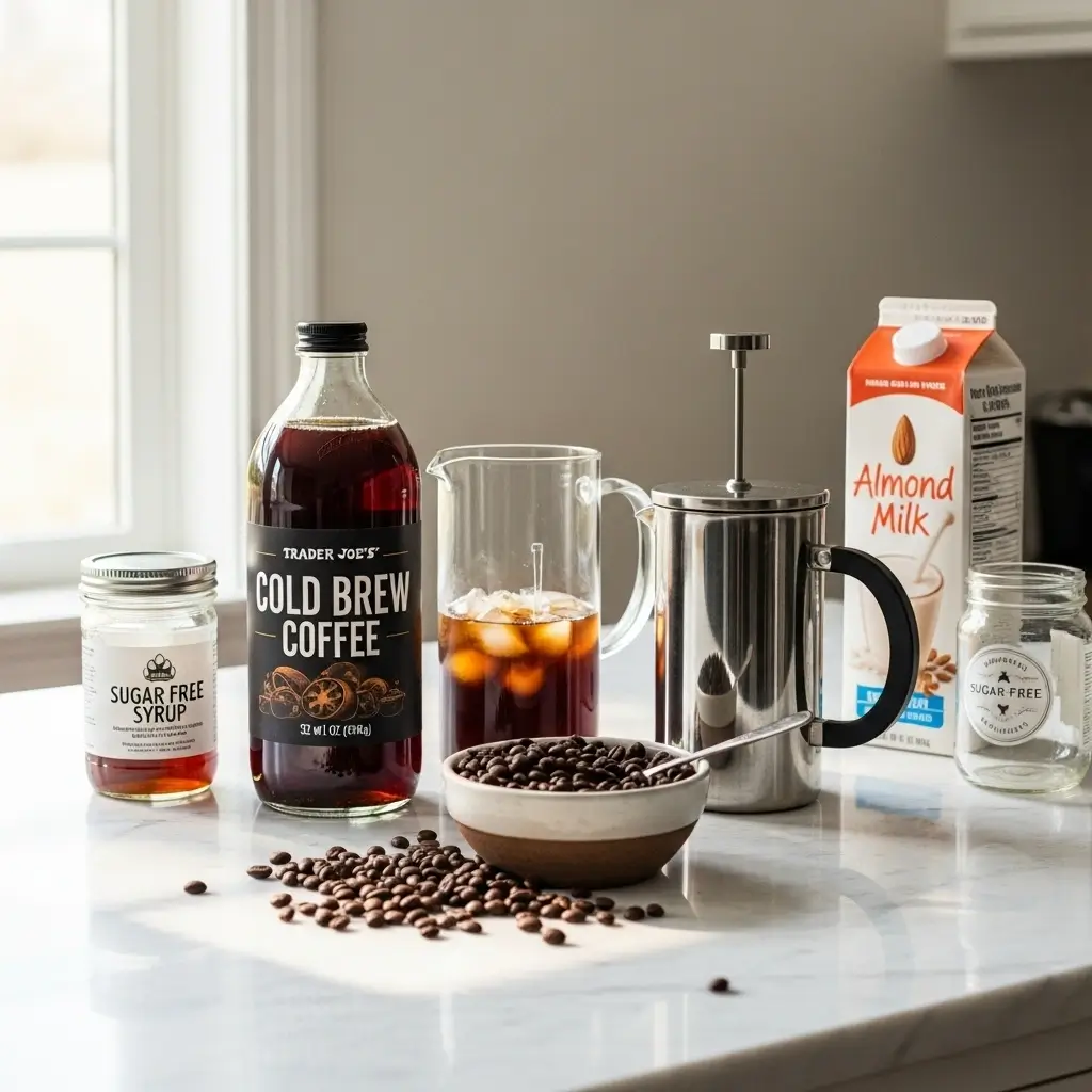 Trader Joe’s cold brew coffee bottle with brewing equipment and ingredients on a bright kitchen counter.