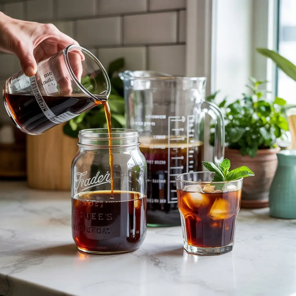 Step-by-step process of brewing Trader Joe’s cold brew coffee at home, from concentrate to iced glass.
