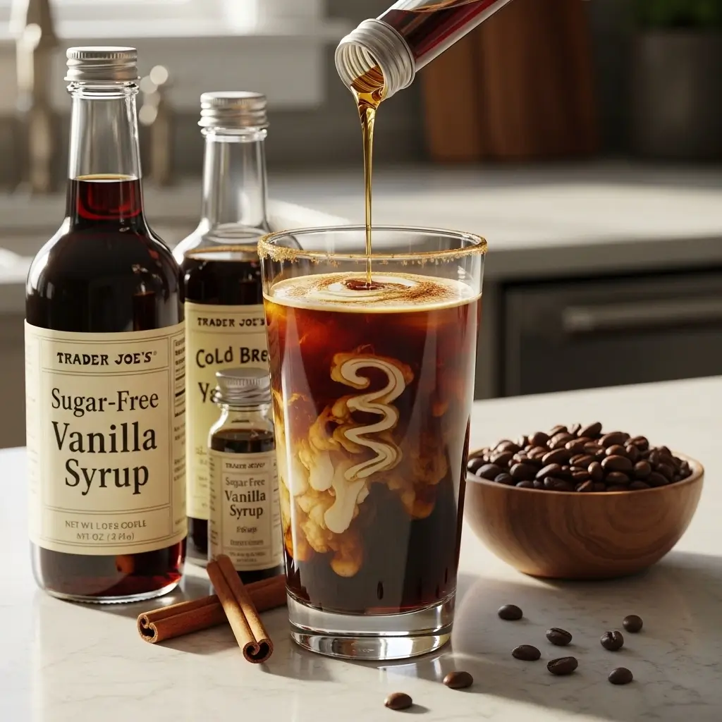 Trader Joe’s cold brew iced coffee being enhanced with sugar-free syrup and cinnamon on a kitchen counter.