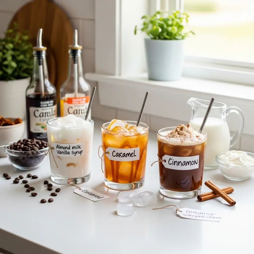 Three Trader Joe’s cold brew coffee recipe variations with almond milk, caramel, and cinnamon on a kitchen counter with ingredients.
