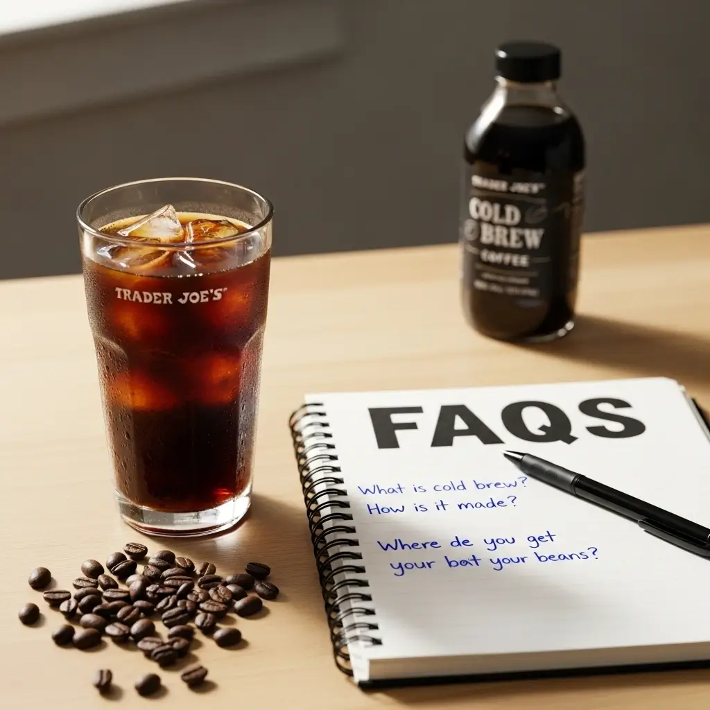 Trader Joe’s cold brew coffee glass beside an FAQ notebook, coffee beans, and cold brew bottle on a wooden table.