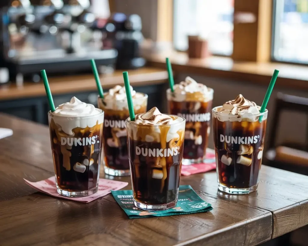 Five Dunkin’ S’mores Cold Brew drinks with whipped cream, chocolate drizzle, and toppings on a coffee shop table.