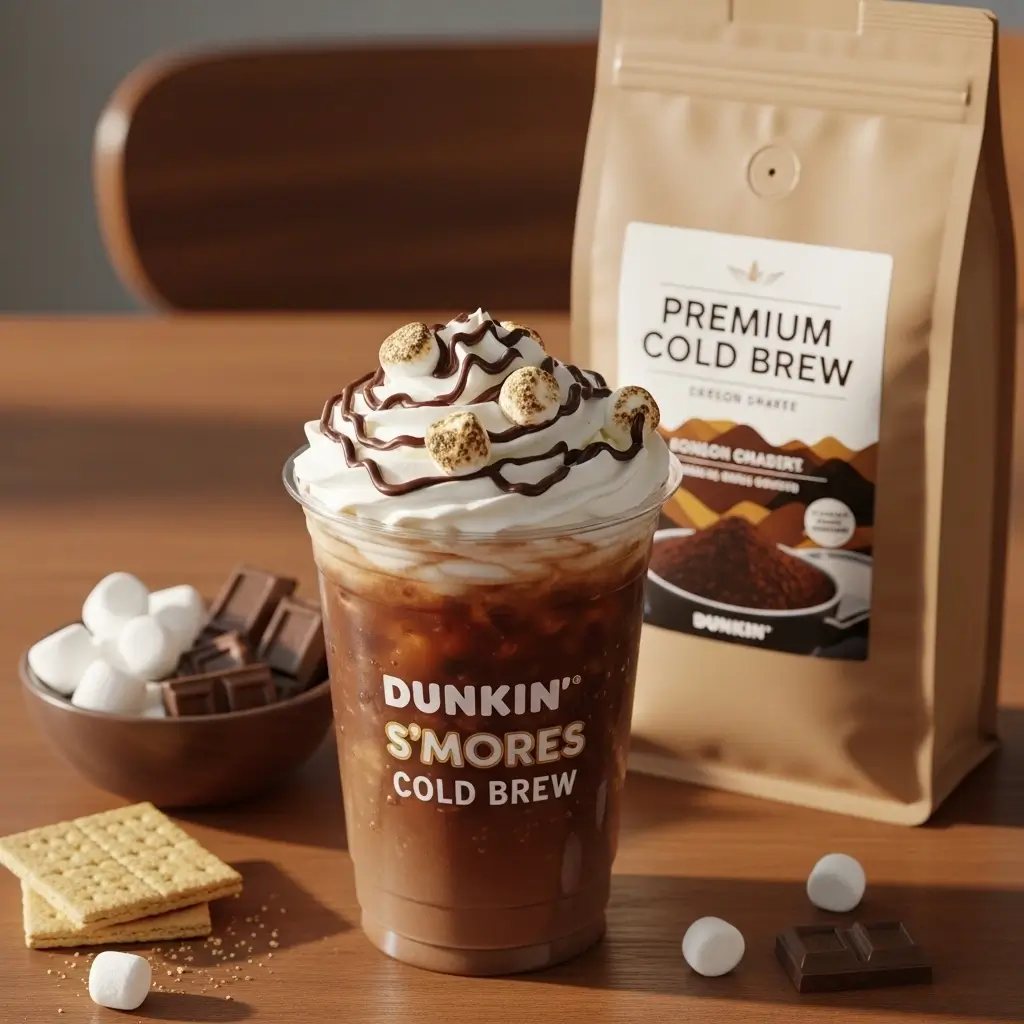 Dunkin’ S’mores Cold Brew with whipped cream and toasted marshmallows beside premium coffee grounds and s’mores ingredients.